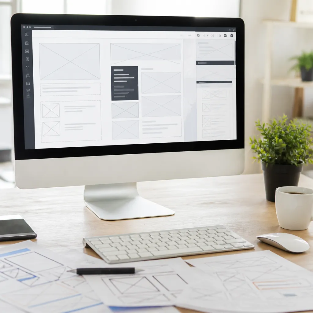 Una pantalla con bloques de diseño y maqueta de sitio web en proceso.