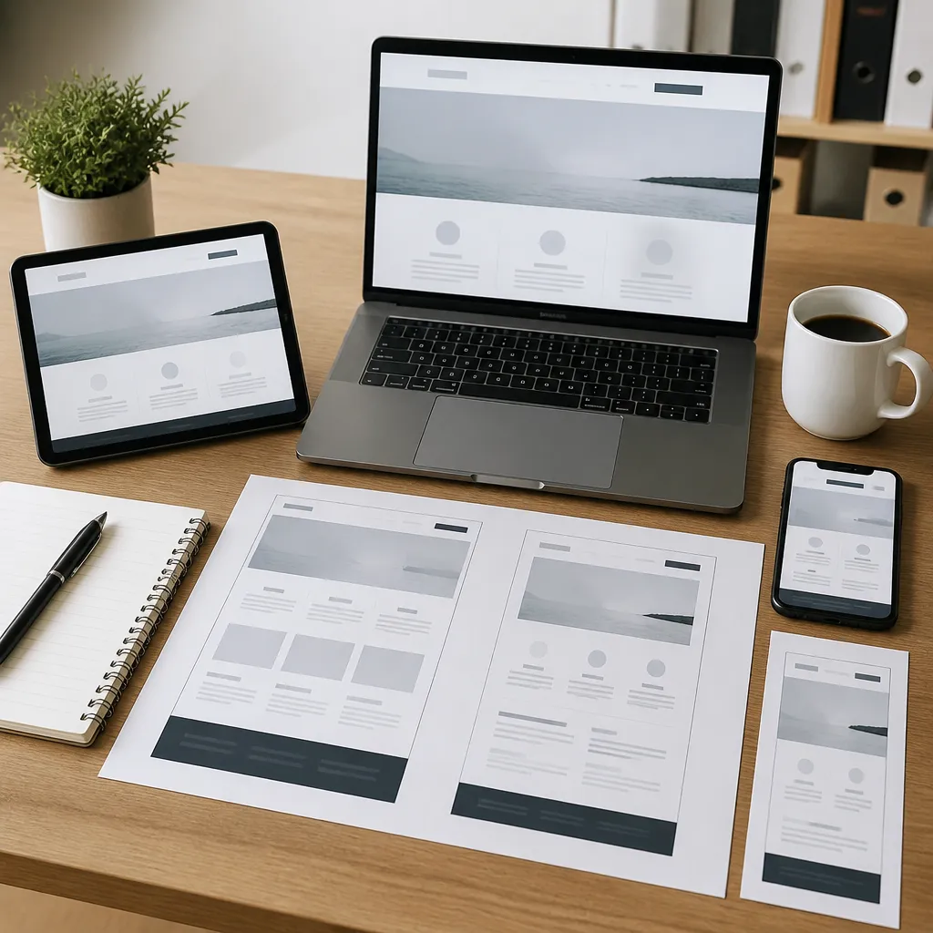 Varios dispositivos y bocetos de sitio web acomodados de forma ordenada sobre el escritorio.
